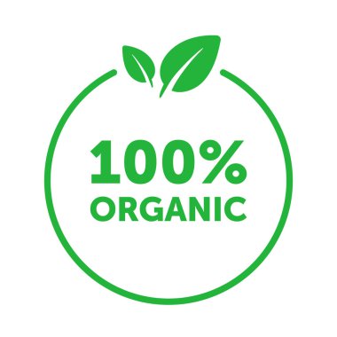 Yeşil yapraklı organik yüzde yüz daire rozeti. Paketleme tasarımı ve tanıtım materyali için tasarım elemanı. Vektör illüstrasyonu.