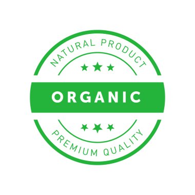 Organik doğal ürün kaliteli yeşil etiket. Paketleme tasarımı ve tanıtım materyali için tasarım elemanı. Vektör illüstrasyonu.