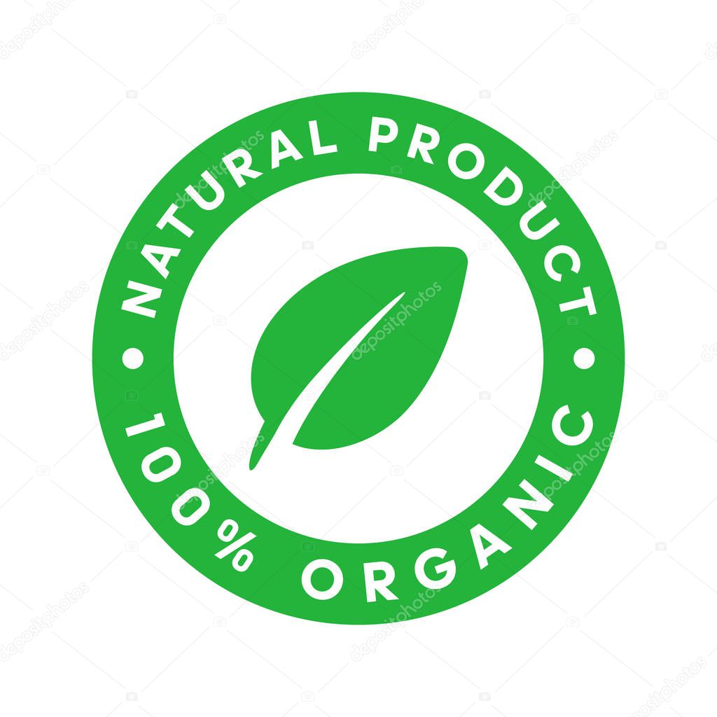 Natural product organic 100 percent green sticker with leaf in center. Design element for packaging design and promotional material. Vector stock illustration.