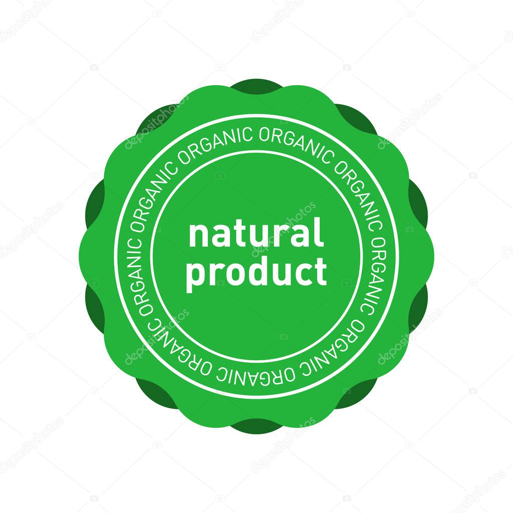 Natural product organic green emblem. Design element for packaging design and promotional material. Vector stock illustration.