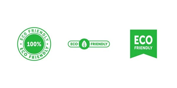 Set van diverse milieuvriendelijke 100 procent groene badges met boomblad en bladwijzer. Design element voor verpakking ontwerp en promotiemateriaal. Vectorillustratie. — Stockvector
