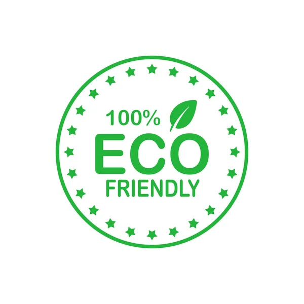 Eco amigável 100 por cento crachá círculo verde com folha. Elemento de design para design de embalagens e material promocional. Ilustração vetorial . — Vetor de Stock