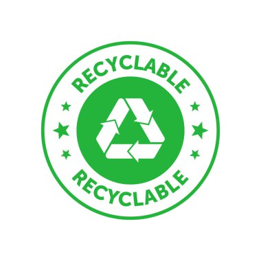 Mobius şeritli ve yıldızlı geri dönüşümlü yeşil daire rozeti. Paketleme tasarımı ve tanıtım materyali için tasarım elemanı. Vektör illüstrasyonu.