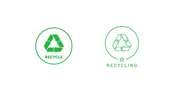 Conjunto de letrero de reciclaje etiqueta engomada de línea redonda verde con tira, banda o bucle Mobius. Elemento de diseño para el diseño de envases y material promocional. Ilustración vectorial . — Vector de stock