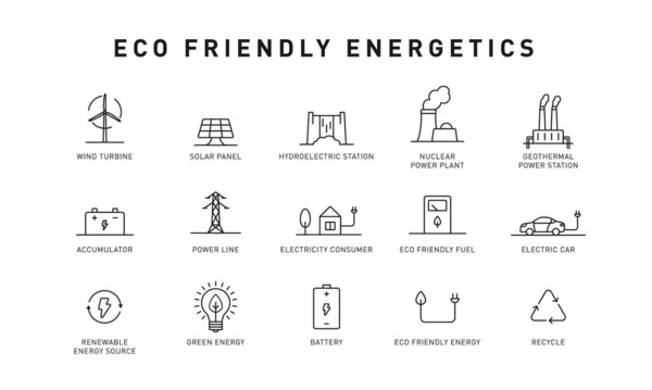 Zestaw ikon cienkiej linii zielonej energii. Ikony energii odnawialnej, zielona technologia. Elementy projektowe dla Ciebie projekty. Ilustracja wektora. — Wektor stockowy