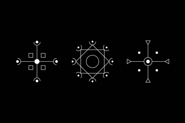 Magic geometry cruciform white symbol set. Circle, square, rhombus with inscribed figures. UFO signs. Design symbols for puzzle, logic, metroidvania games. Vector illustration. — ストックベクタ