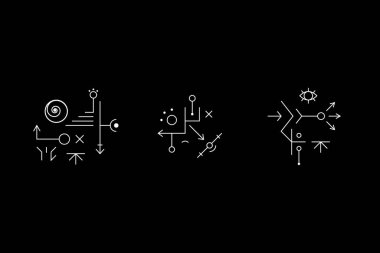 Çemberler, çizgiler, haçlar, spiraller ve şekillerle belirlenmiş antik geometri sembolü. Mağara çizimleri. Ufo işaretleri. Mantık simgeleri, metroidvania ve bağımsız oyunlar tasarlamak. Vektör illüstrasyonu.