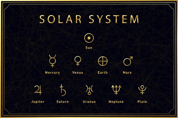 Alchemical golden symbols of solar system bodies on dark background. Sacred geometry. Vector illustration. — Stock Vector