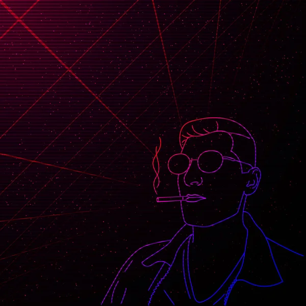 Synthwave Vaporwave Retrowave full face contour vector portrait of a smoking man with glasses on starry space background with laser grid. Design letáku, pozvánka na klubovou kartu. Eps 10. — Stockový vektor
