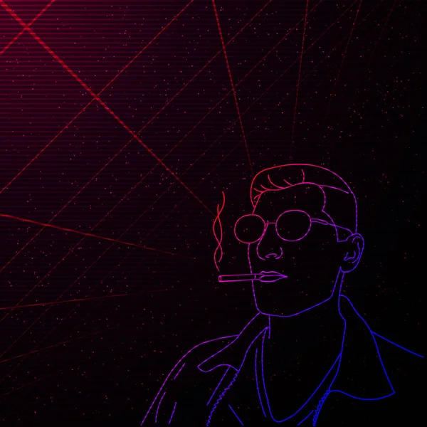 Sintesis Vaporwave Retrowave wajah penuh potret vektor kontur seorang pria merokok dengan kacamata pada latar belakang angkasa berbintang dengan grid laser. Desain untuk selebaran, kartu klub undangan. Eps 10 . - Stok Vektor