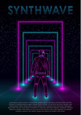 Neon adam, perspektif lazer ızgarası ve yıldızlı uzay arka planında neon dikdörtgen portallar ile sentetik dalga buharı çizimi. Broşür, poster ve davetiye tasarımı. Eps 10.