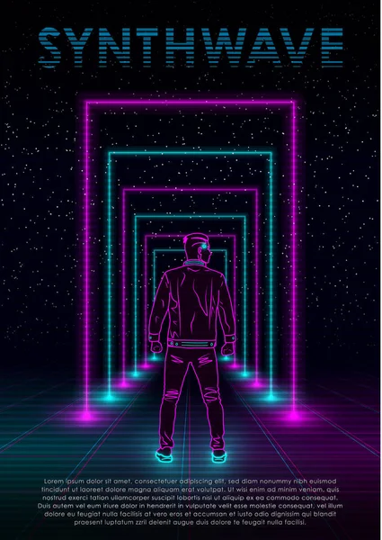 Ilustrasi gelombang balik gelombang uap dengan manusia neon, kisi-kisi laser perspektif dan portal persegi panjang neon pada latar belakang ruang berbintang. Desain untuk selebaran, poster, kartu undangan. Eps 10 . - Stok Vektor