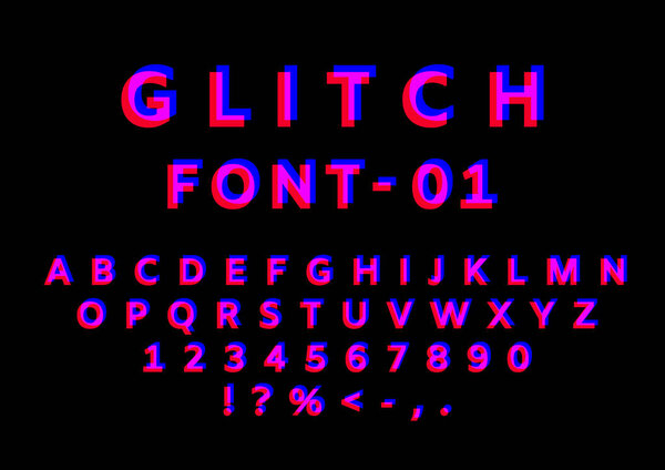 Glitch font with distortion effect. English letters, numbers and symbols with glitch effect. Red and blue channels. Eps 10
