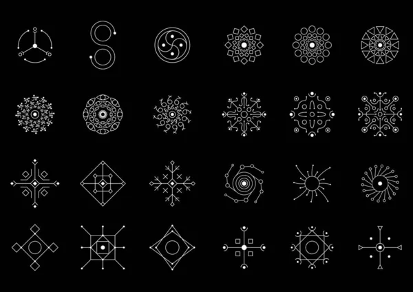 Set di simboli bianchi con geometria magica. Simboli magici, segni oculari. Segnali UFO. Simboli di design per puzzle, logica, Metroidvania giochi. Eps 10 — Vettoriale Stock