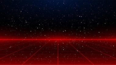 Newretrowave sci-fi red laser perspective grid background in starry space. Retrofuturistic cyber laser landscape. clipart