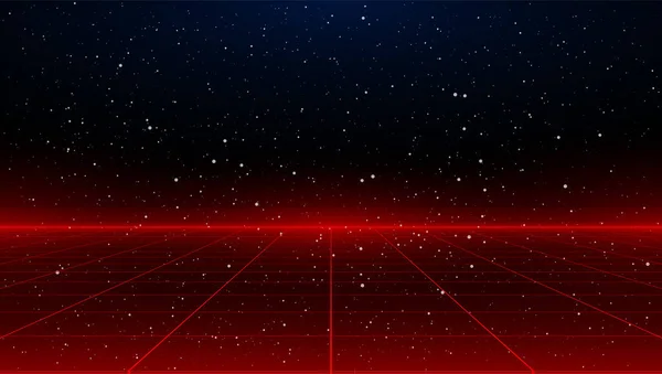 Newretrowave bilim kurgu kırmızı lazer perspektif ızgara arka planı yıldızlı uzayda. Geçmişe dönük siber lazer manzarası.