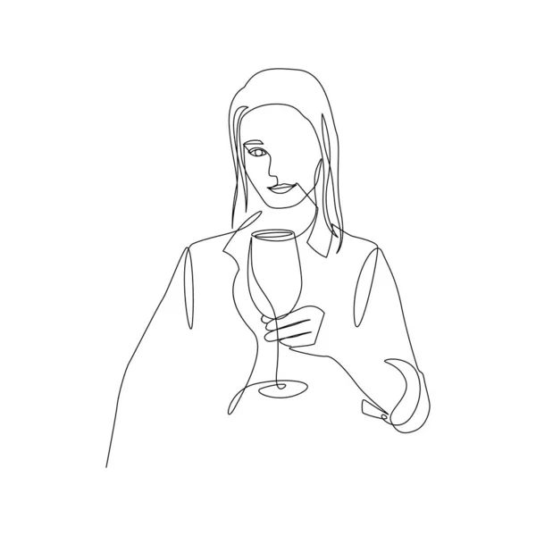Continu une ligne belle femme tenir un verre de vin à la main. L'art. Vecteur — Image vectorielle