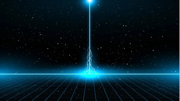 Retrowave sci-fi bright blue laser perspective grid with lightning strike from above on horizon on starry space background.未来的なサイバーレーザー風景. — ストックベクタ