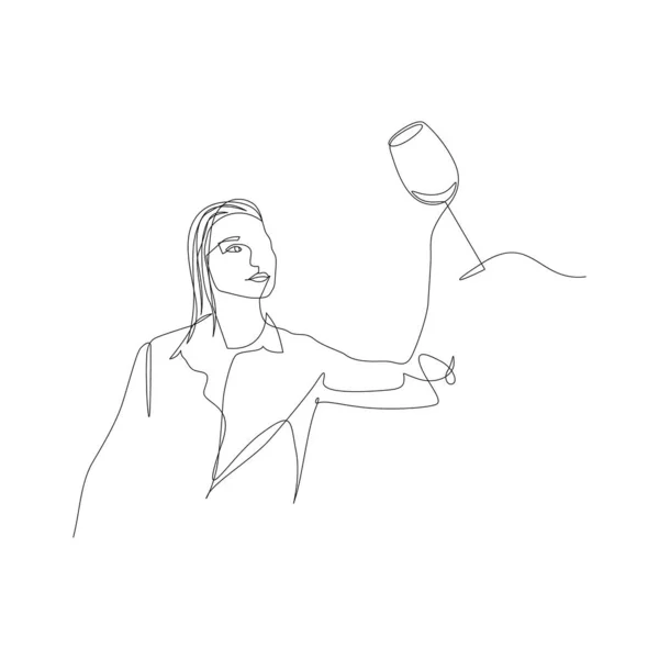 La mujer continua de una línea evalúa el vino en una copa por color. Degustación, degustación. Vector — Archivo Imágenes Vectoriales