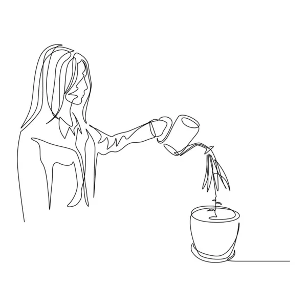 La mujer continua de una línea está regando una planta en una olla. El concepto de nutrir, invertir y capital. Ilustración de stock vectorial . — Archivo Imágenes Vectoriales