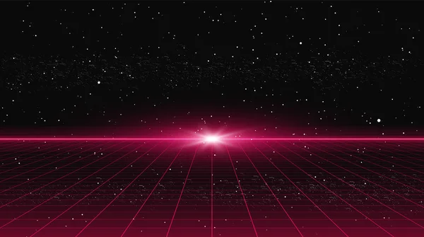 Retmicrowave style red laser perspective grid with flash light on horizon on starry space background. Ретрофутуристический киберлазерный ландшафт . — стоковый вектор