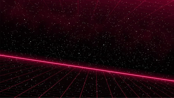 Parlak ufuk çizgisi ve yıldızlı arka planda uzay nebulası olan başka bir lazer ızgarası olan kırmızı lazer bakış açısı ızgarasını geri çek. Geçmişe dönük siber manzara çizimi — Stok Vektör