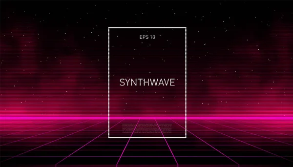 Synthwave różowy cyber laser siatka z świecącą mgłą i horyzont na gwiaździstym tle przestrzeni. Projekt plakatu, okładki, tapety, sieci web, baner, itp. — Wektor stockowy