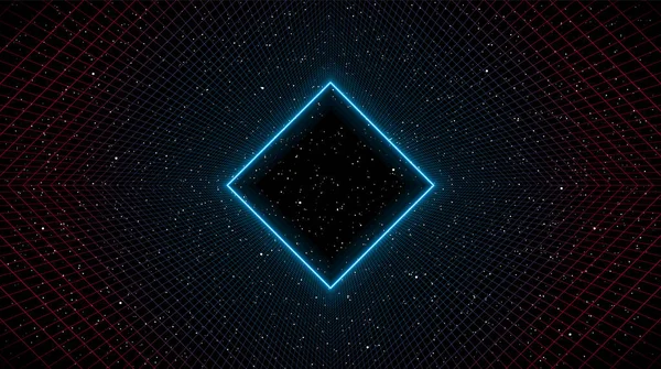 Newretrowave blue neon rhombus frame with blue pink laser perspective grid tunnel on starry space background.未来的なサイバーレーザー風景. — ストックベクタ