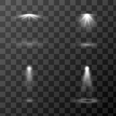 Şeffaf arkaplanda izole edilmiş çeşitli sahne ışığı kaynaklarının vektör kümesi. Projeniz için ışık efektleri tasarımı.