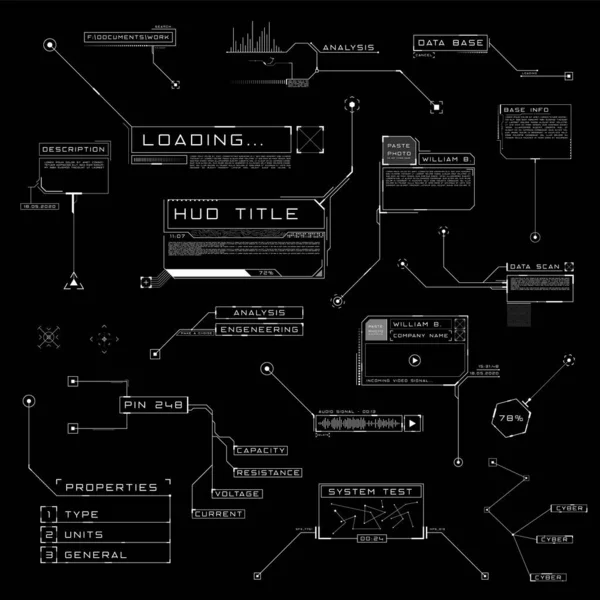 Ünvanları HUD tarzında çağırır. Fütürist UI tasarım çağırma başlıkları. Bilim kurgu tasarımı, web, siber olaylar, video içeriği, bilgi kutusu için tasarım elemanları. Düzenlenebilir felç. Vektör