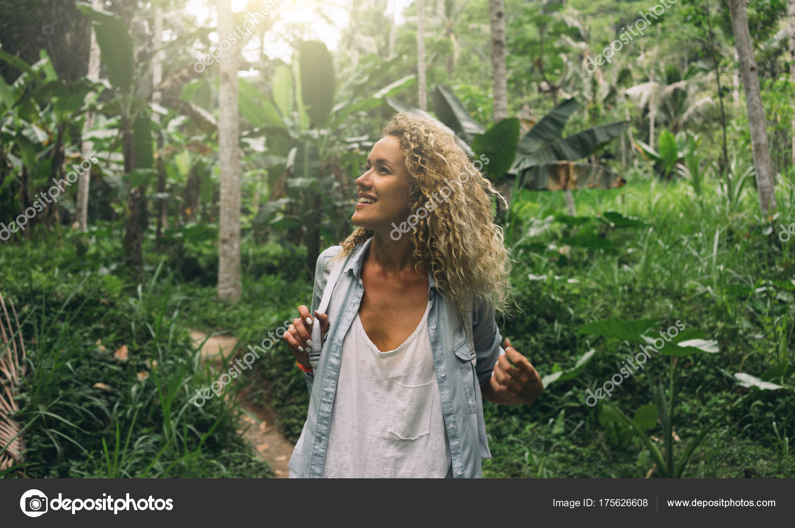 Happy Tourist Girl Exploring Wild Jungles Exotic Beautiful Caucasian Stock Photo by ©Jkstock 175626608