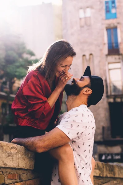 Smiling Couple Handsome Bearded Man Beautiful Woman Having Romantic Dating — Stock Photo, Image