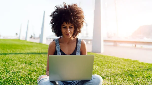 Freelancer Vrouw Met Afro Kapsel Kijkt Naar Het Scherm Van — Stockfoto