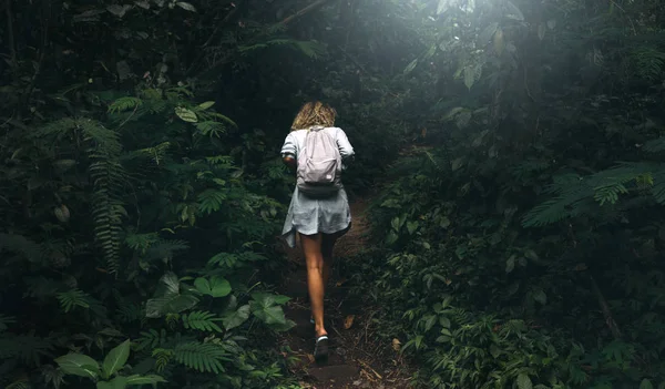 表示スポーティな巻き毛の女性の背面写真から食卓を歩いてバックパックで濃い緑の森を持つ熱帯林夏の日 学生の女の子は アジアの野生の自然を探索します ストック画像