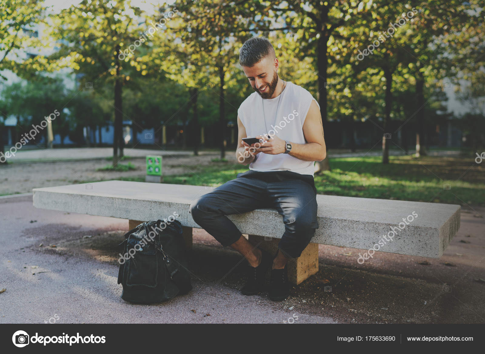 Smiling Traveler Reading Travel Guide Application Mobile Phone