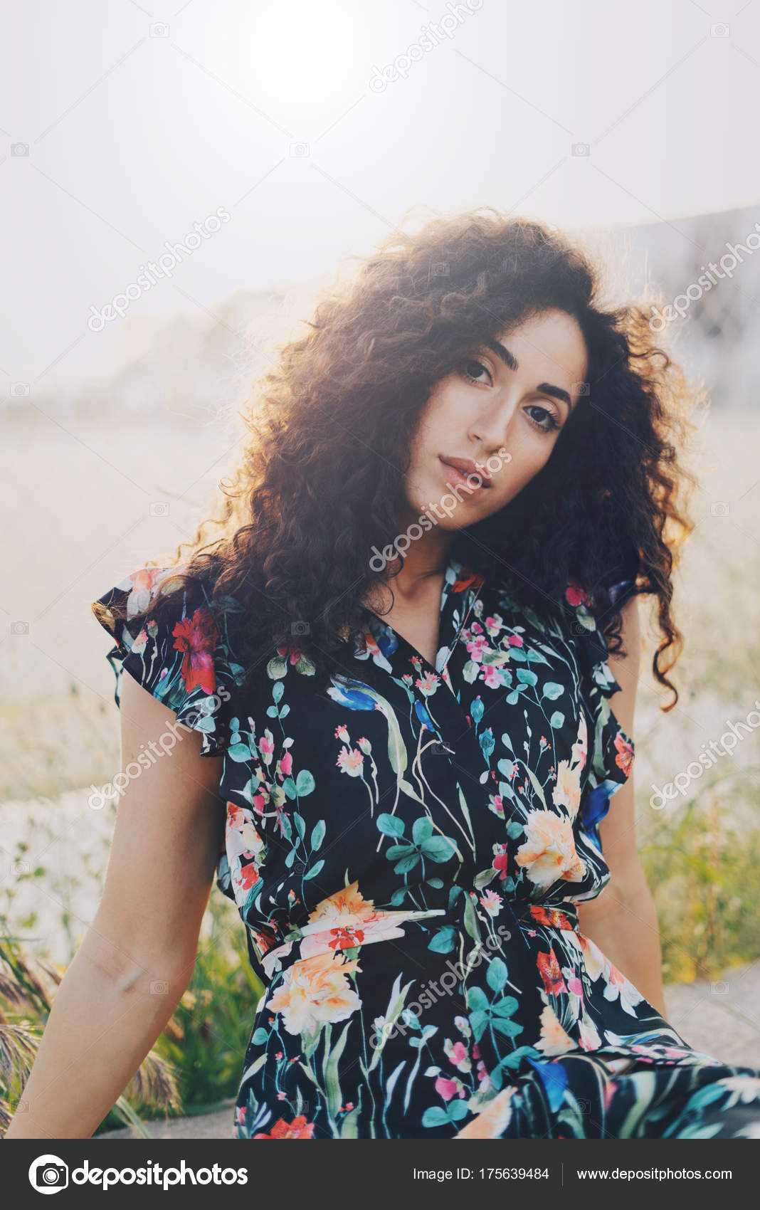 Young Brunette Girl Long Curly Hair Looking Camera While Having