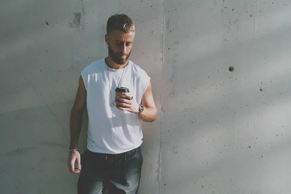 Handsome Bearded Hipster Guy Tasting Fresh Takeaway Coffee While Standing — Stock Photo, Image