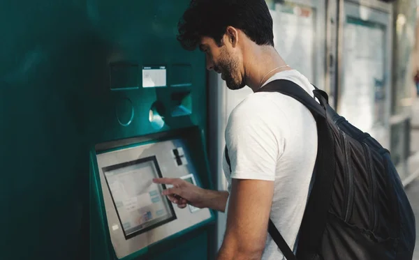 Student Guy Buying Tickets Train Trip Weekend Tickets Vending Machine Royalty Free Stock Photos