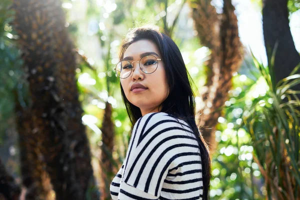 Portrait Beautiful Model Look Asian Woman Wearing Glasses Casual Clothes — Stock Photo, Image