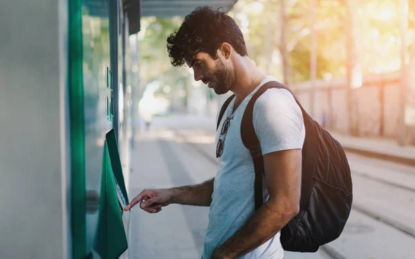 Bearded Handsome Hipster Guy Wearing Casual Clothes Backpack Buying Bus — Stock Photo, Image