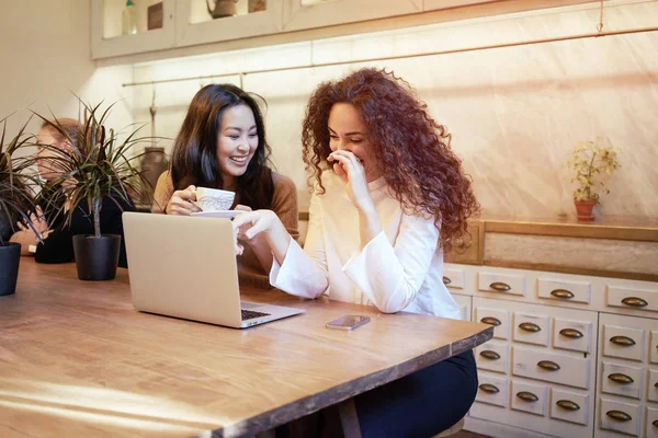 Twee Mooie Jonge Vrouwen Kijken Naar Laptop Bij Koffie Shop — Stockfoto