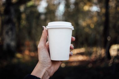 Orman arka plan üzerinde plastik kapaklı bir boş kağıt bardak tutan el