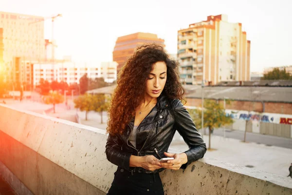 Portrait Beautiful Brunette Young Woman Using Smartphone City Buildings Background Royalty Free Stock Photos