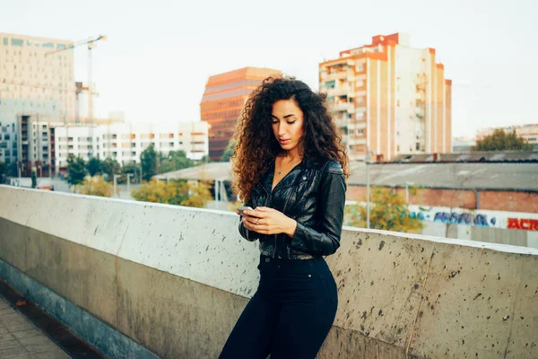 Portrait Beautiful Brunette Young Woman Using Smartphone City Buildings Background Royalty Free Stock Images