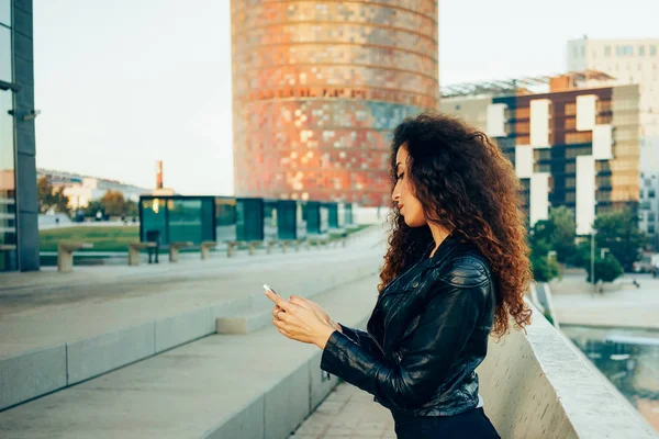 Portrait Beautiful Brunette Young Woman Using Smartphone City Buildings Background Stock Picture
