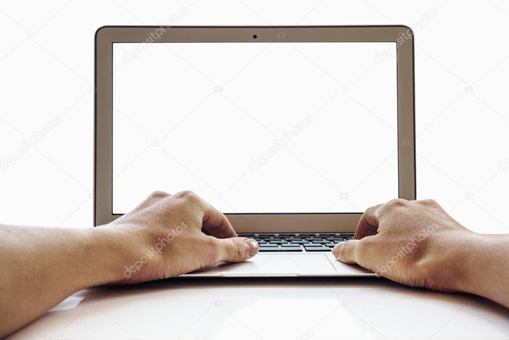 young female hands using laptop with blank screen, isolated on white
