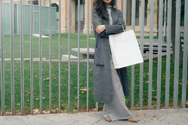 美丽的亚洲妇女在灰色外套摆在金属栅栏附近的纸袋 — 图库照片