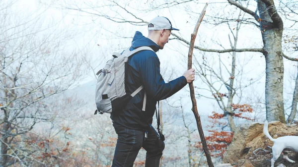 Seorang Pemuda Berjalan Melalui Daerah Berbatu Hutan Pegunungan Pada Hari — Stok Foto
