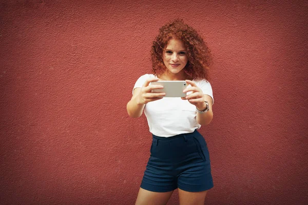 Charming Red Haired Hipster Girl Freckled Face Wearing White Shirt — Stock Photo, Image