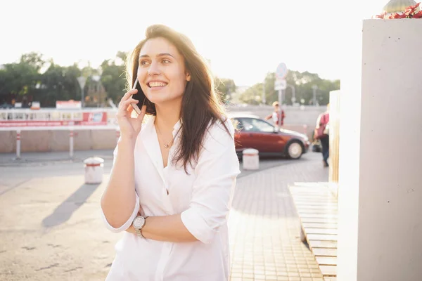 Attractive Young Woman White Shirt Talking Mobile Phone While Standing — Stock Photo, Image